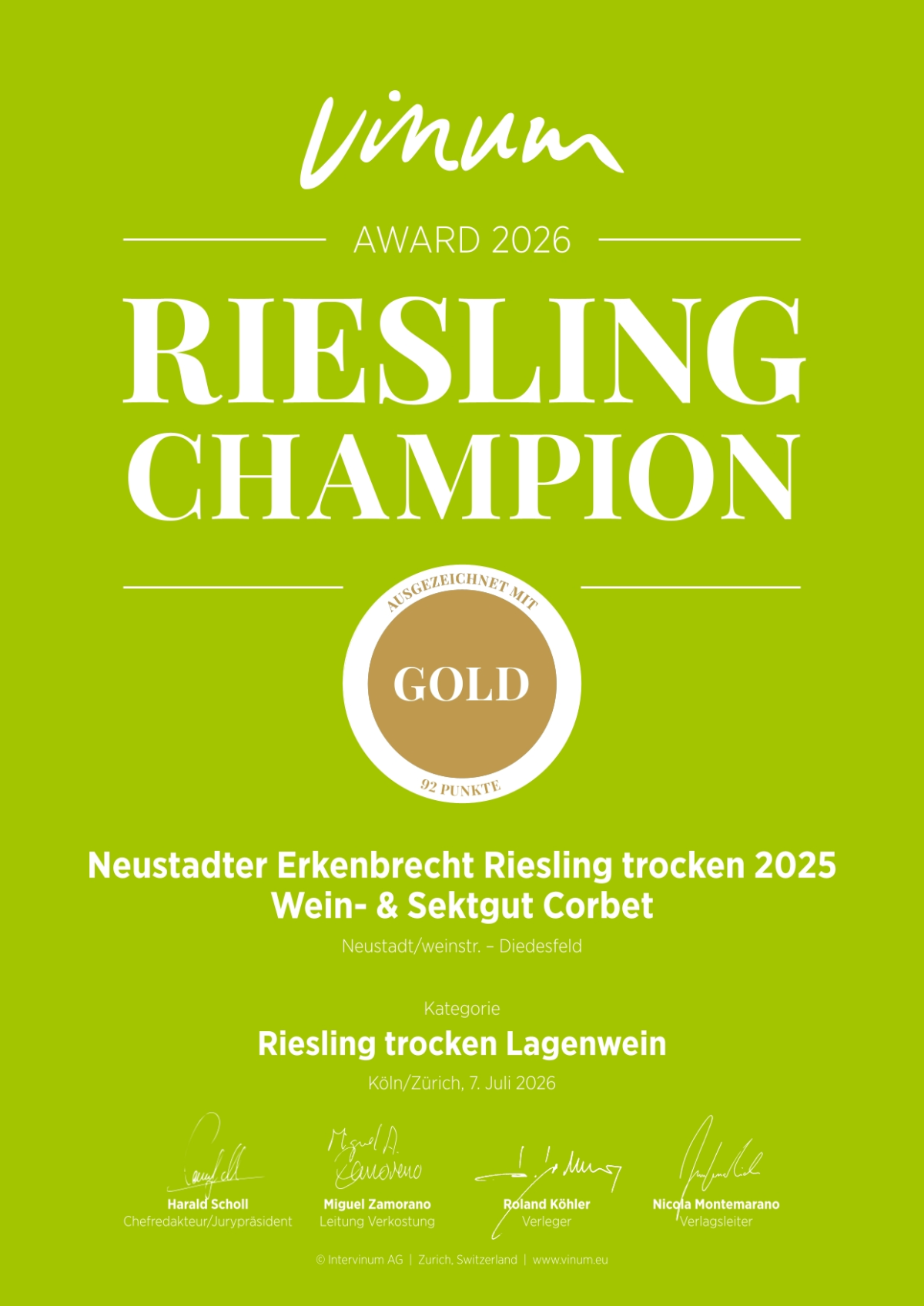 Bild GOLD für "Riesling Erkenbrecht 2025" | &copy; Wein- & Sektgut Corbet