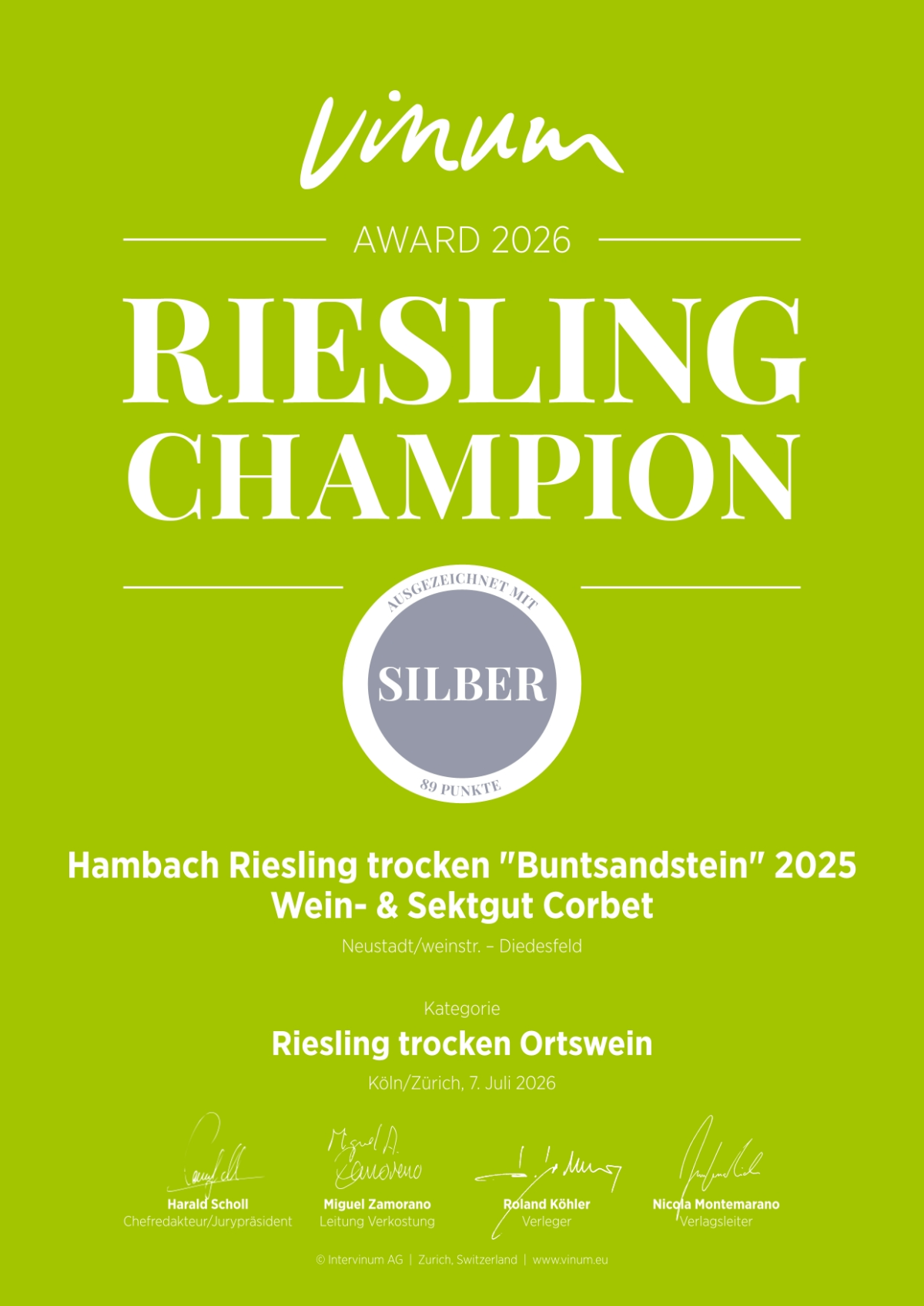 Bild SILBER für "Riesling Buntsandstein 2026" | &copy; Wein- & Sektgut Corbet