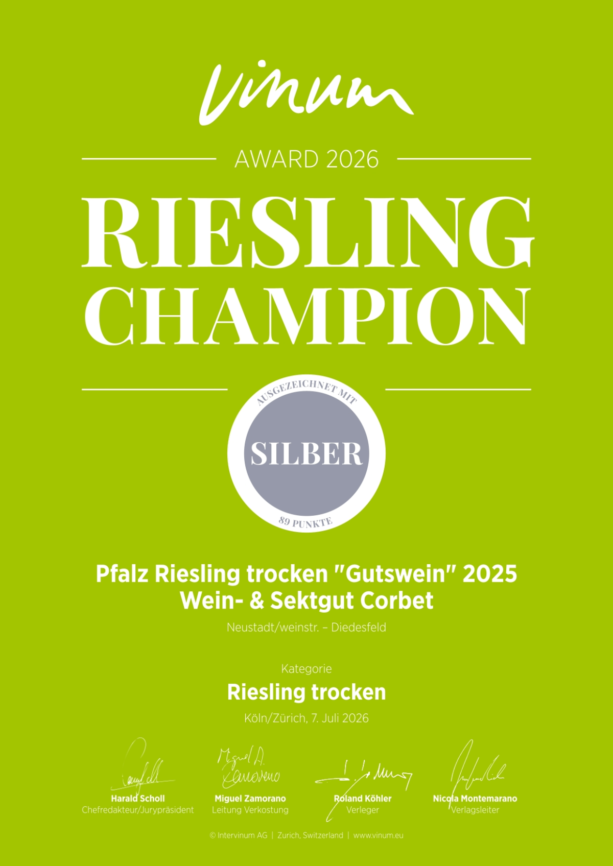 Bild SILBER für "Riesling Gutswein 2026" | &copy; Wein- & Sektgut Corbet