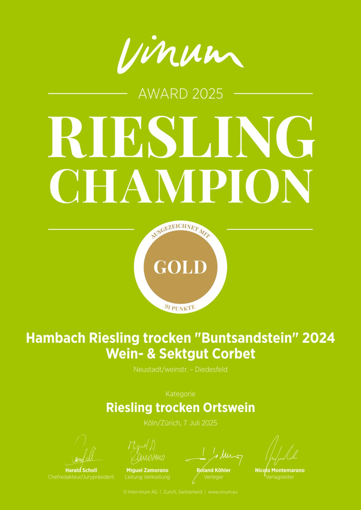 Bild GOLD für "Riesling Buntsandstein 2024" | © Wein- & Sektgut Corbet